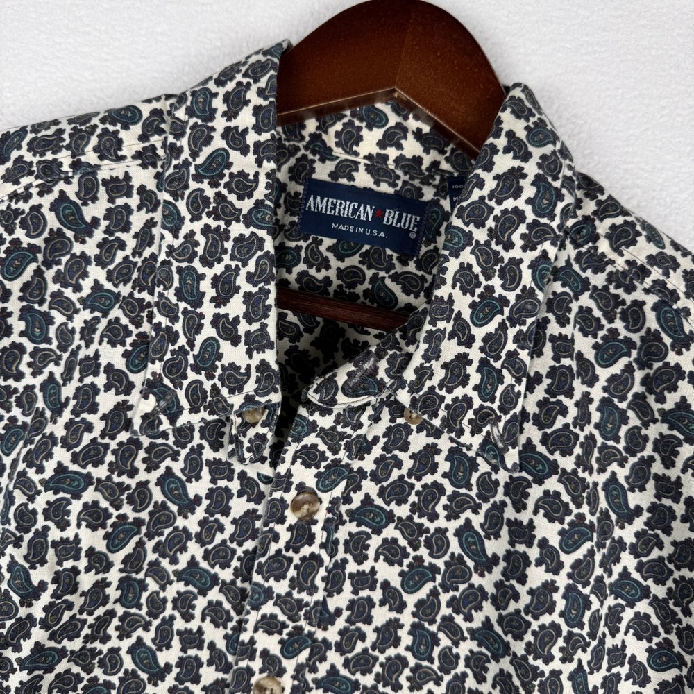 Vtg American Blue Button Down Shirt Mens Large Paisley S/S Western Cowboy USA
